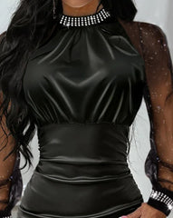 Hnewly Sexy Dressses for Women Fashion Casual Rhinestone Sheer Mesh Mock Neck Long Sleeve PU Leather Patch Mini Bodycon Dress