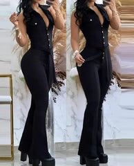 Hnewly Jumpsuit Women Sexys Turn Down Collar Sleeveless Skinny Flared Jumpsuits One Piece Outfit Fashion Clothes Overall Rompers
