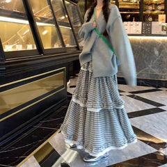 Hnewly Kawaii Harajuku Plaid Skirt Women Preppy Style Sweet Long Skirts Retro Lace Patchwork A-line Ruffle Skirts Streetwear