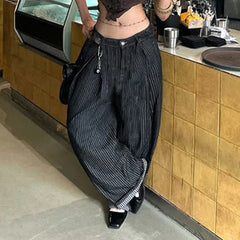 Hnewly Women Striped Relaxed Fit Jeans Retro Low Rise Wide Leg Denim Pants Grunge Loose Trousers Spring Y2K Clothes
