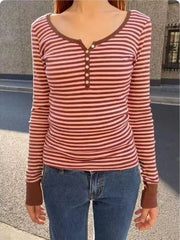 Hnewly Pink Brown Striped Long Sleeve T-shirt Woman Spring Six Buttons O-Neck Cotton Slim Tee Sweet Preppy Style Fashion Tshirt Y2k Top