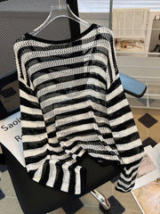 Hnewly Black White Striped Ice Silk Knitted Sweater Women Long Sleeved Loose Lazy Style Mesh Pullover Spicy Girl Hollow Out Top