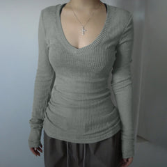 Hnewly Slim-fitting Knitted Crop Top Solid Micro-transparent T-shirt Smock Women Sexy Full Sleeve V-neck Tees Shirts Y2k Vintage