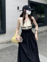 Hnewly Contrast Color Striped Sleeveless Vest for Women in Summer New Waist-hugging and Slimming A-line Midi Dress the dress black dress white dress