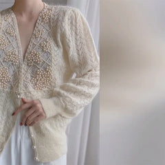 Hnewly Women Luxury Pearls Beaded Mohair Sweater V-neck Hollow Out Thin Loose Knitted Cardigan Korean Elegant Long Sleeved Spring Top