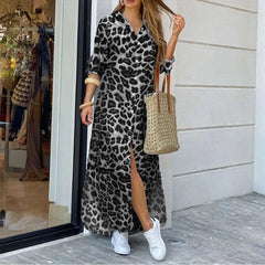 Lunivop New European American Spring Summer Casual Leopard Print Fashion Slit Extra Long Women's Shirt Dress