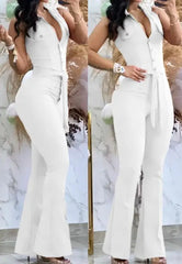 Hnewly Jumpsuit Women Sexys Turn Down Collar Sleeveless Skinny Flared Jumpsuits One Piece Outfit Fashion Clothes Overall Rompers