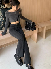 Hnewly Black Gray High-waisted Flared Jeans Women's Retro Straight Elastic Slim Slim Wide-leg Flared Pants Female Trousers