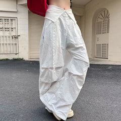 Hnewly Vintage Patchwork Wide Leg Pants for Women Y2K Lapel Low Waist Streetwear Dance Pants American Hip Pop Loose Parachute Trousers