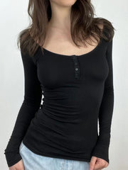 Hnewly rave inspo outfits Back See Through Lace Patchwork Elegant Sexy Black T Shirt Women Button Up O Neck Slim Long Sleeve Solid Basic Tees