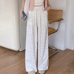 Hnewly Cute Little Flower Long Pant for Woman Clothes Elastic High Waist Straight Trousers Summer Sweet Casual Cotton Pants New Women