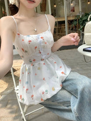 Hnewly Woman Camis Floral Printed Slash Neck Summer Fashion Slim Sweet Elegant Female Casual Tank Tops French Style Chic