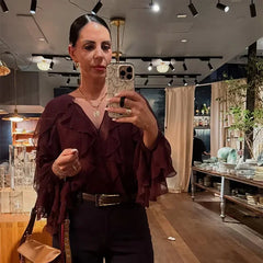 Hnewly Fashion Women Stacked Lotus Leaf Edge Blouse Casual Long Sleeve V Neck Mesh Sheer Loose Shirt New Style Female Commute Top