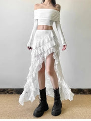 Hnewly Elegant Tulle Ruffle Skirt Women Boho Lace Vintage White Irregular Skirt Korean Style Summer Layered Mid Skirts Street