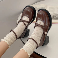 Hnewly Women Loafers Retro Brown Mary Jane Shoes Women Thick Heels Ankle Buckle Lolita Shoes Woman Uniform Pu Leather Pumps Shoe Female