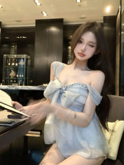 Hnewly Woman Camis Sweet Bow Bandage Rhinestone Slim Backless Summer Fashion Elegant Slim Tank Tops Female Casual Chic