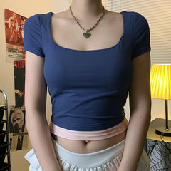Hnewly Fake Two-piece Cropped Top Patchwork Square Collar Short Sleeve T Shirt Women Skinny Basic Tee Summer Y2k Aesthetic Shirt