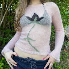 Hnewly Flower Long Sleeve Knitted Crop Tops Aesthetic See Through Sweater Tees 90s Vintage Y2k Gyaru Crop Tops Jumpers Cottage Clothes