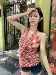 Hnewly Camis Women Plaid Sleeveless Halter Ruffles Bandage Backless Slim Vintage Sweet Casual Sexy Tank Tops Female Summer