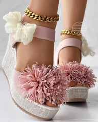 Hnewly Sandals Women's Floral Pattern Bowknot Decor Platform Wedge Espadrilles Platform Bow High Heels Women's Slippers Shoes