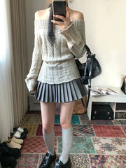 Hnewly Korean Style Sexy Off Shoulder Sweater Women Sweet Elegant Long Sleeve Knitted Pullover Cute Fashion Slim Up Sweaters