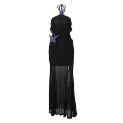 Hnewly Sexy Off Shoulder Butterfly Appliques Halter Maxi Dress 2025 Summer Women Trend See Through Hollow Out Beach Vestidos