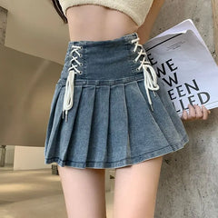Hnewly Denim Pleated Skirts Women Cute Lace-up Chic Girlish Summer Mini Skirt Korean Style Fashion Sexy High Waist Streetwear College