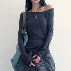 Hnewly Slim-fitting Off-shoulder Crop Top Women Casual Full Sleeve Backless T Shirts y2k Aesthetic Ladies Autumn Tees Smock Sexy