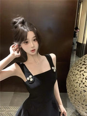Hnewly Woman Dress Sleeveless Square Collar Slim Elegant Vintage Temperament Summer Fashion Mini Dresses Female Party Sexy