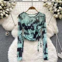 Hnewly Sexy Harajuku Tie Dye Drawstring Mesh Sheer Tops Long Sleeve Thin T Shirt Printed Slim Tops Summer Casual T Shirt Blouses Women