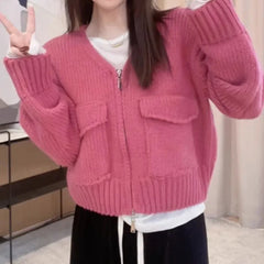 Hnewly Women's Zip Up Knit Cardigan with Pocket V-neck Zipper Front Crop Sweater Jacket Female Teen-girl Autumn Winter Y2K Outfit