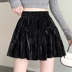 Hnewly Casual A Line Mini Kawaii Skirt Women Clothing High Waist Bow Black Faldas Largas Korean Style Harajuku Pleated Velvet Skirts