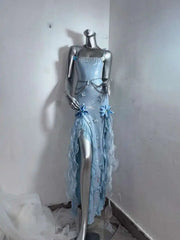 Hnewly Fantasy Sea Spirit*TDH Blue Jellyfish Flowing Light Sparkling Tassel Fairy Slit Long Dress Gown Lolita Costume