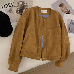 Hnewly Suede Short Jacket Women Korean Camel Fashion Long Sleeve Flight Suit Harajuku Single Breasted Loose Tops Female Vintage Coats