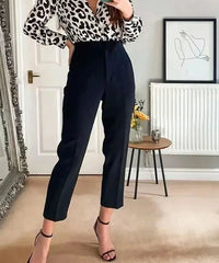Hnewly Women Fashion With Pockets Casual Basic Solid Pants Vintage High Waist Zipper Fly Female Ankle Trousers Pantalones Mujer