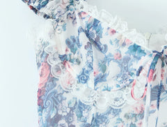 Lunivop Summer Floral Print Spliced Lace Chest Bow Collar Short Puff Sleeve Dress Low Waist Ruched Hem Swing Mini Dresses Cake Robe
