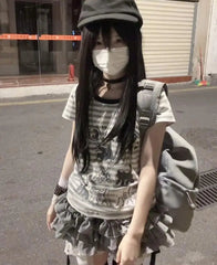 Hnewly T Shirts Women Cartoon Car Printed Striped Short Sleeve Slim O Neck Funny Sweet Summer Fashion Tops Female Shirt Casual