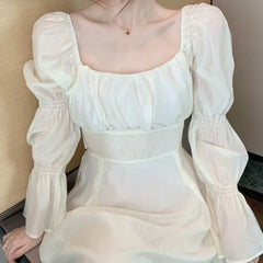 Hnewly Solid Backless Dresses Women Elegant Sweet Square Collar Puff Sleeve Bow High Defined Waist A-ine Spring Summer Female Chic Lady
