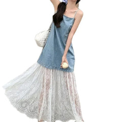 Hnewly Fashionable Splice Denim Look Strap Dress Women's Style Spring Silk Long Dress Sweet Youthful A-Line Skirt No Sleeve Mid-Waist
