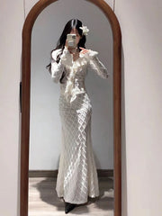 Hnewly Elegant French 2 Piece Skirt Set Women Autumn Y2k Long Sleeve Blouse + Midi Skirts Vintage Suits Korean Fashion Bodycon