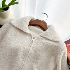 Hnewly Lamb Wool Cardigan Jacket Women 2025 Autumn Winter New Korean Loose Sweater Coat Fashion Zipper Lapel Knittted Outerwear