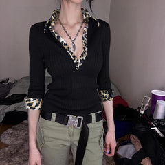 Hnewly y2k Tops Women Fairycore Clothes Sexy Leopard Print Lapel Collar Long Sleeve T Shirts 2000s Grunge Clothing Streetwear