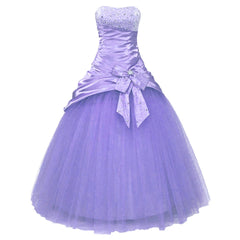 Hnewly Elegant Strapless Beading Crystal Bow Tulle Satin Ball Gown Evening Dress Sweep Train Floor Length Prom Dress Party Gowns