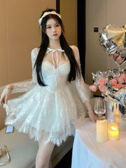 Hnewly Woman Sexy Slim Lace Mini Dress Sweet Lace-up Long Sleeve Princess Birthday Clothes Spring Summer Elegant Fairy Vestidos Mujers