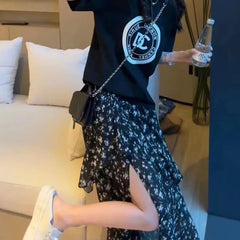 Hnewly French Retro Floral Print Long Skirt Women Elegant Ruffled Hem Spilt Black Skirts Ladies Summer Elastic Waist A-Line Skirt Mujer