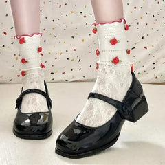 Hnewly Retro Red Mary Jane Shoes Women Thick Heels Ankle Buckle Lolita Shoes Woman Student French Square heel shallow mouth single shoe
