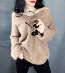 Hnewly Fuzzy Knit V-neck Sweater Women Cozy Long Sleeve Plain Jumper Pullovers Women Warm Soft Knitwear Autumn Winter Basic Outfit