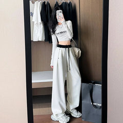 Hnewly Wide Leg Pants High Waisted Womens Summer Muslin Drawstrings Hollowed Outdoor Slit Stretchy Comfortable Youth Relaxed Trousers