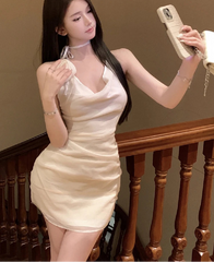 Hnewly Mini Dresses Women Flowers Sexy Elegant Sleeveless Halter Slim Swinging Collar Ruched Backless Party Dress Female Club