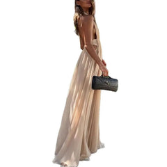 Hnewly New Summer Deep V-neck Long Evening Dress with Folded Hanging Neck and backless Dress